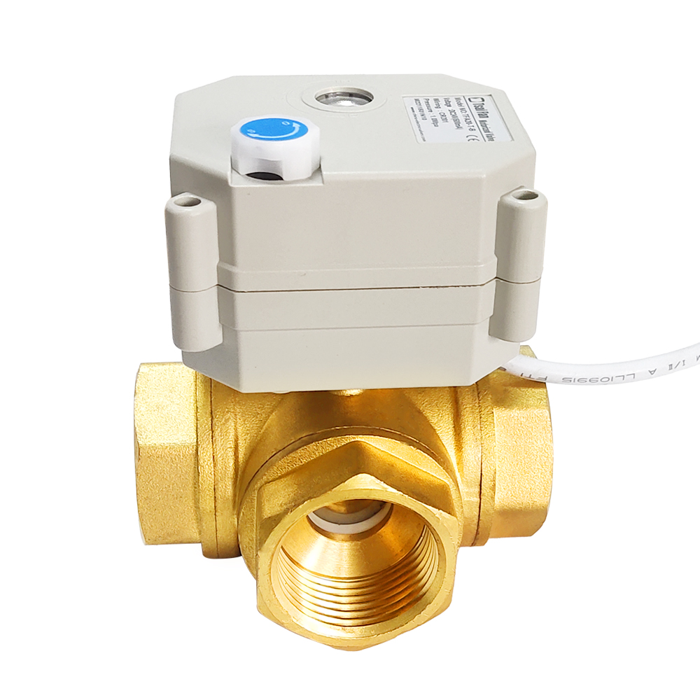 电动球阀铜三通,T型/L型电动铜三通阀门带手动带位置反馈，DC5V/12V/24V/220V微型电动阀DN8到DN32,BSP螺纹或NPT螺纹